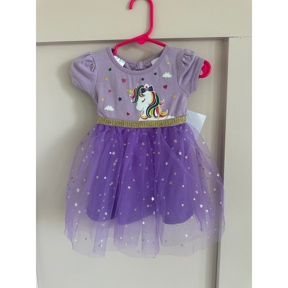 Kidgets Baby Girls Purple Unicorn Star Tutu Dress 12M Gold Glitter‎ Waistband